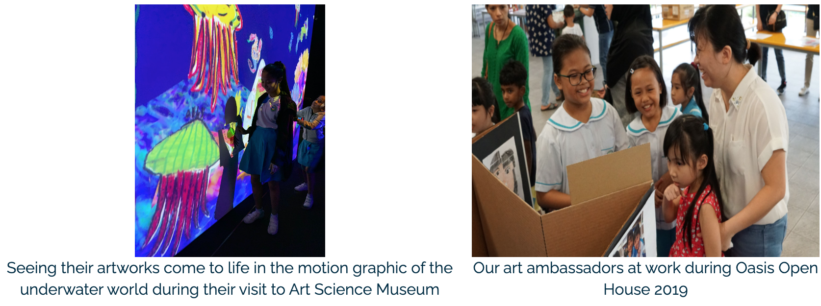 Two photos: children at a colourful underwater digital wall display, and students with an adult reviewing artwork at an open house.